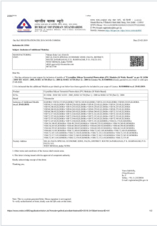 Solar Panel IS 14286 Certificate