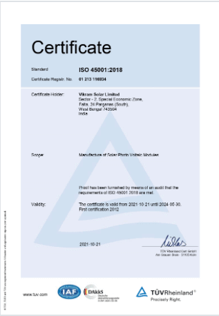 Solar Panel ISO 45001-2018 Certificate